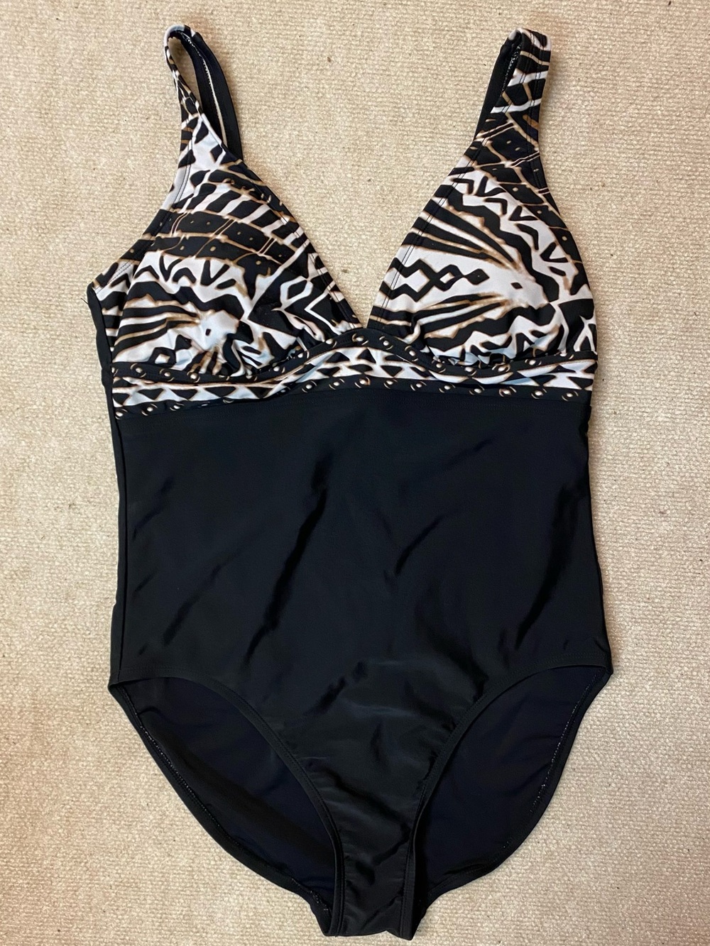 Merona Black One-Piece Swimsuit with Patterned White and Tan Top